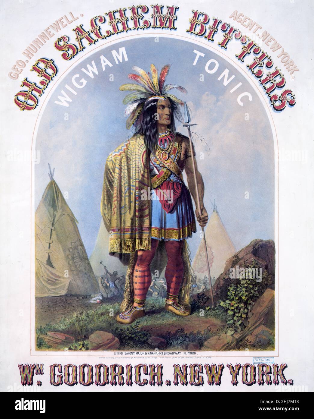 Antique and vintage illustration - Native american / Old Sachem bitters - wigwam tonic - Wm. Goodrich, New York, Sarony, Major & Knapp Lith. 1859. Stock Photo