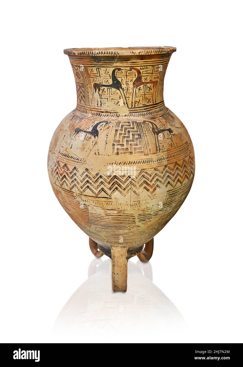 Geometric Period Greek pottery tripod amphora,  Nafplion Pronoia, 740-590 BC . Nafplion Archaeological Museum.. Against white background. Photographer Stock Photo