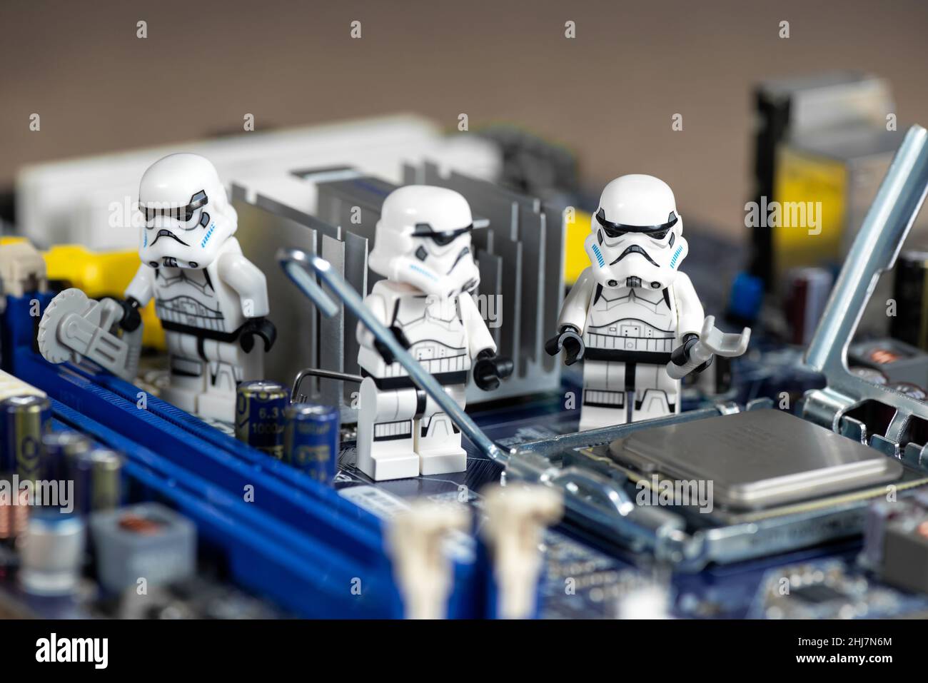 Stormtroopers repairing desktop computer. Technology concept. Illustrative editorial. December 25, 2021 Stock Photo