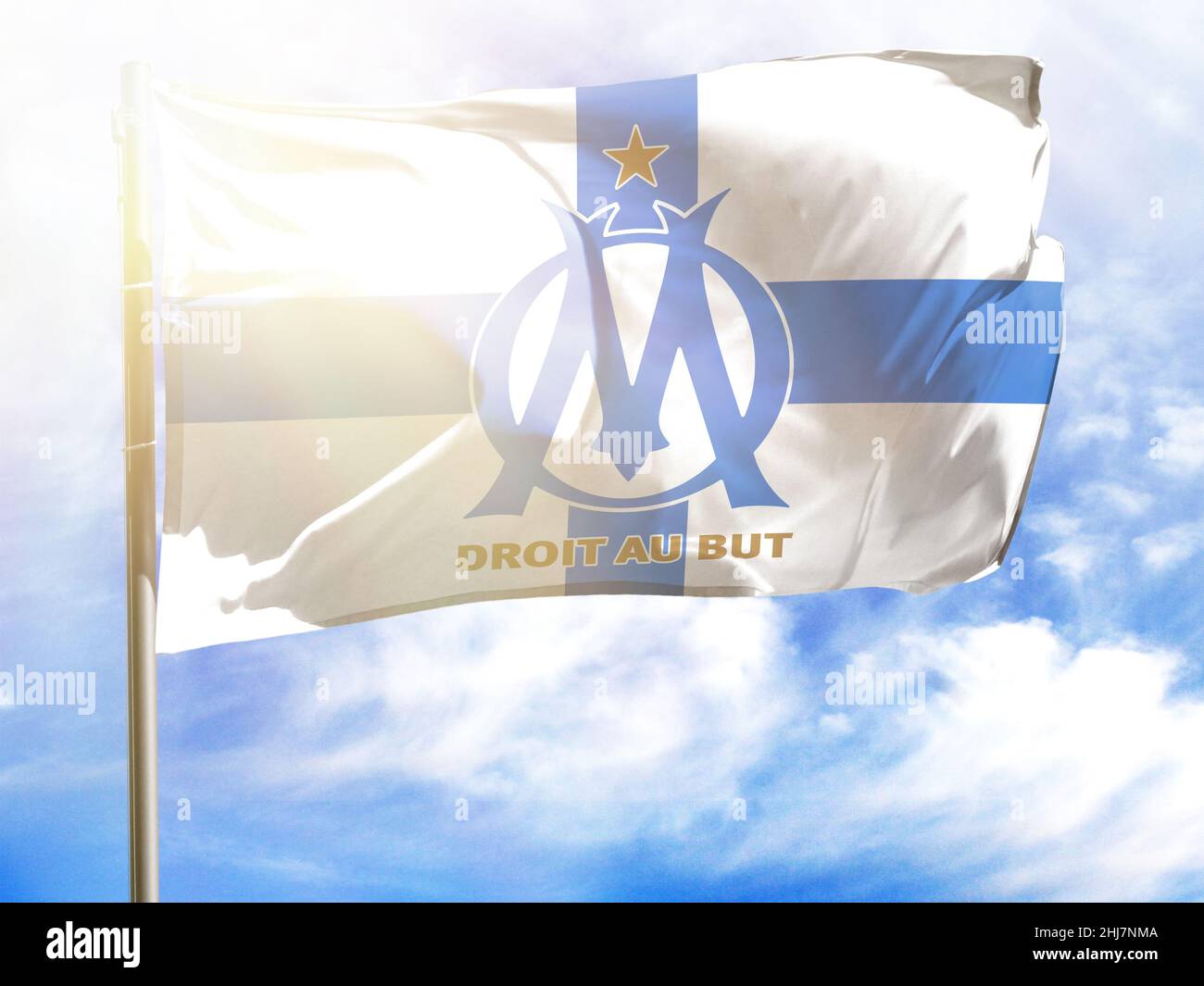 Flagpole with flag of Football Club Olympique de Marseille Stock