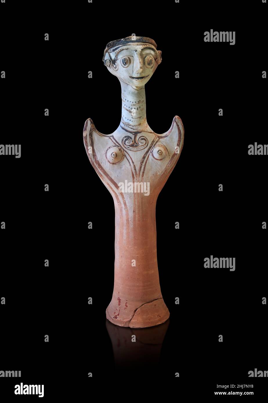 Mycenaean pottery figurine statuette of a goddess made on a pottery wheel, Tiryns Lower Citadel, 12th cent BC .. Against black background. Photographe Stock Photo