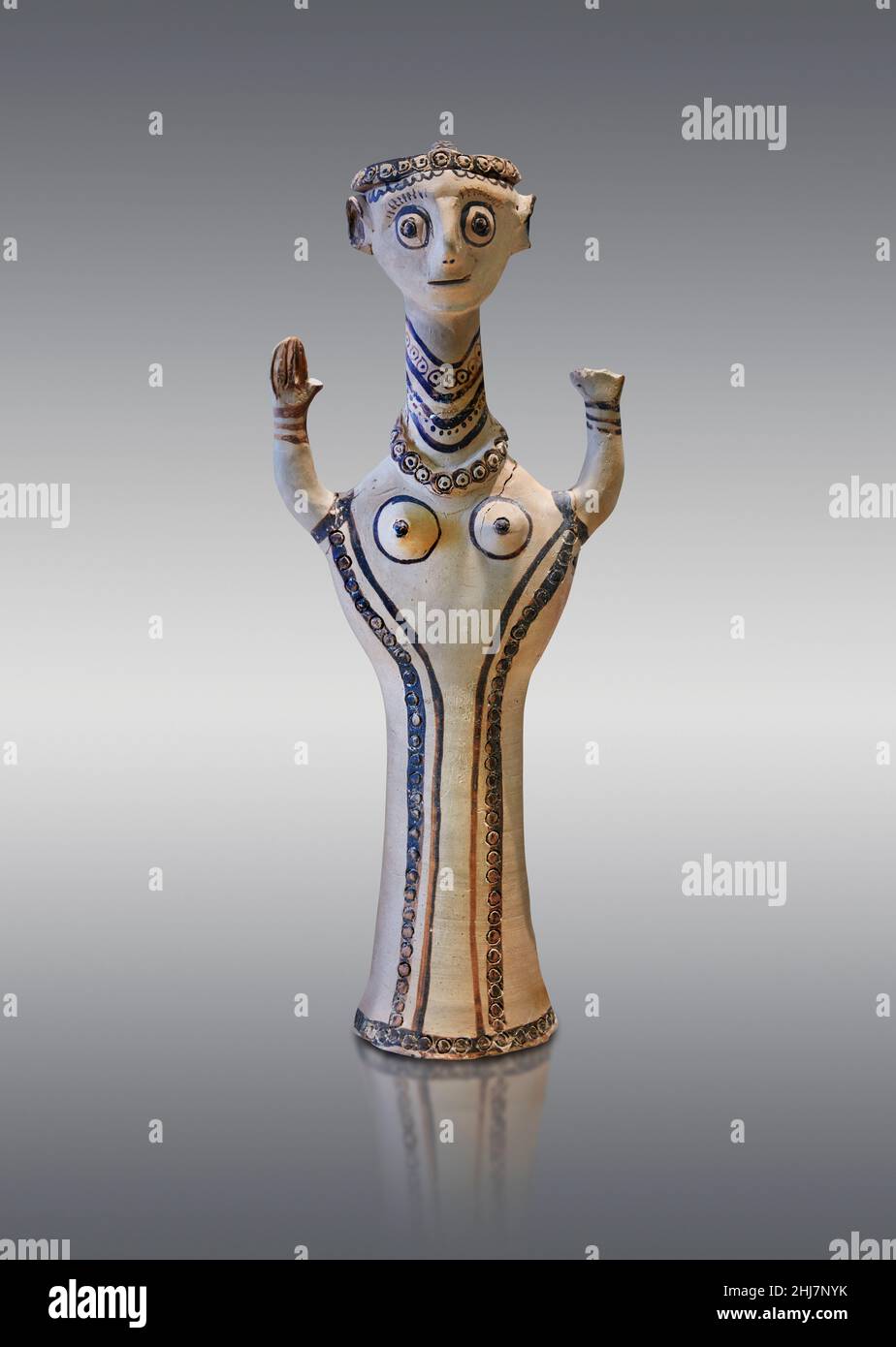 Mycenaean pottery figurine statuette of a goddess made on a pottery wheel, Tiryns Lower Citadel, 12th cent BC. : Against grey background. Photographer Stock Photo