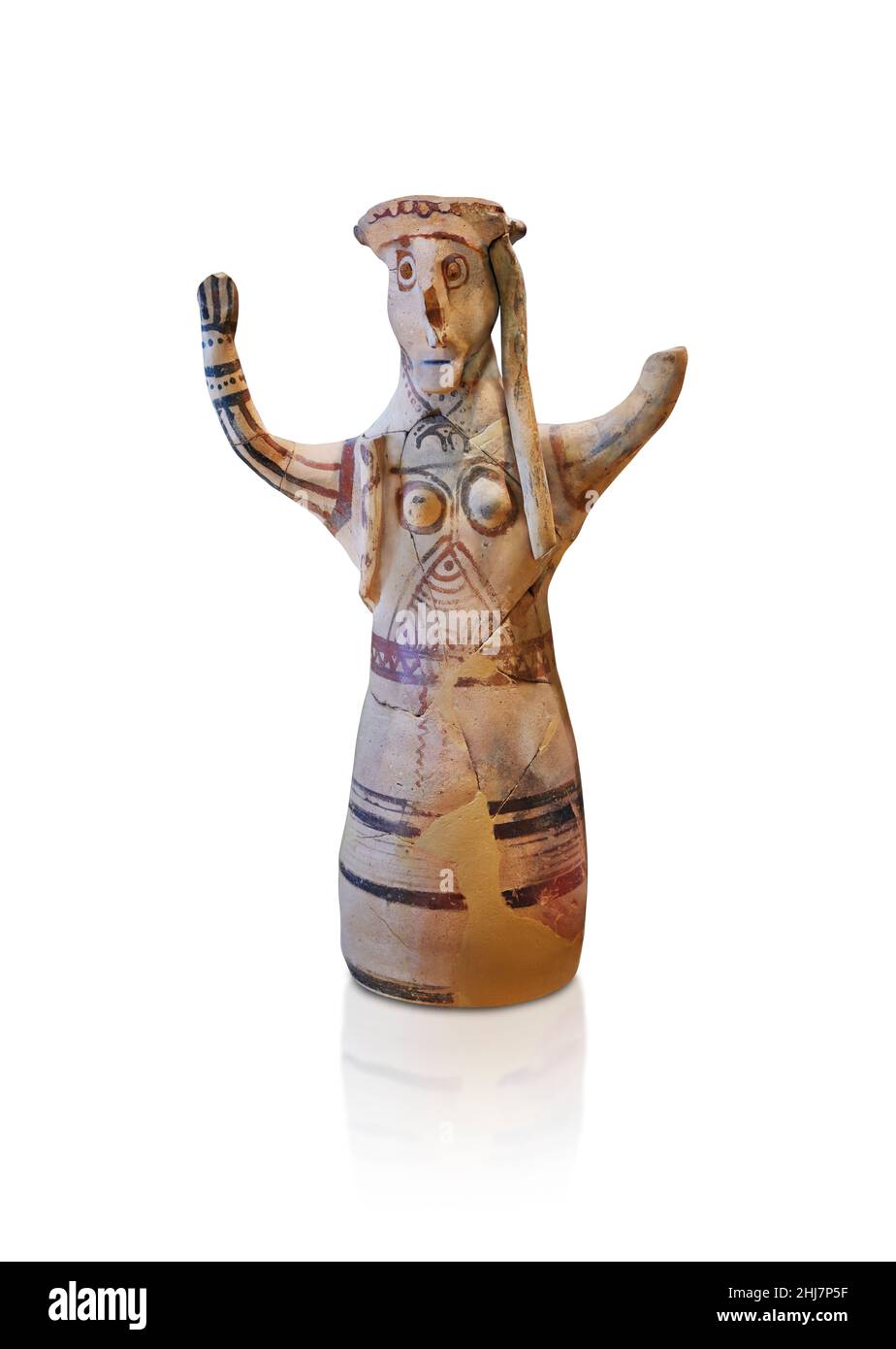 Mycenaean pottery figurine statuette of a goddess made on a pottery wheel, Tiryns Lower Citadel, 12th cent BC.. Against white background. Photographer Stock Photo