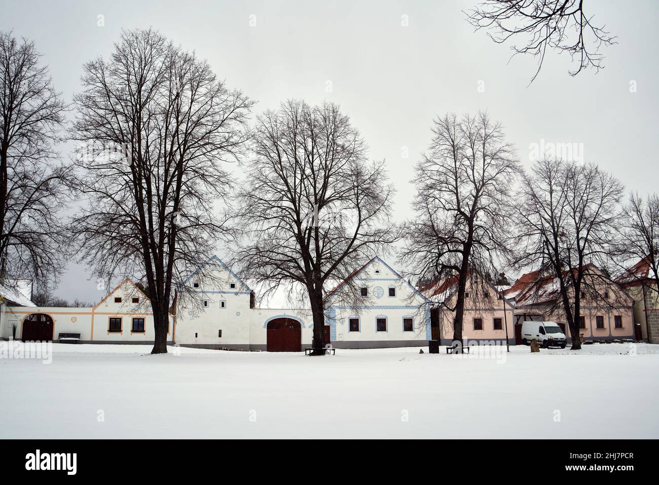 HOLASOVICE, CZECH REPUBLIC - JANUARY 21, 2022: Picturesque houses in rural baroque style in South Bohemia registered as UNESCO world heritage site Stock Photo