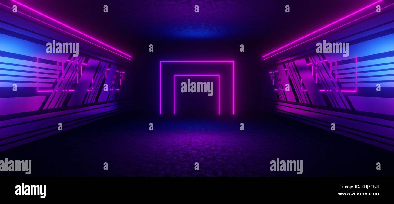 3D illustration of a futuristic room with blue and purple neon lights. Cyberpunk scene. Industrial wallpaper. 3D Render Stock Photo