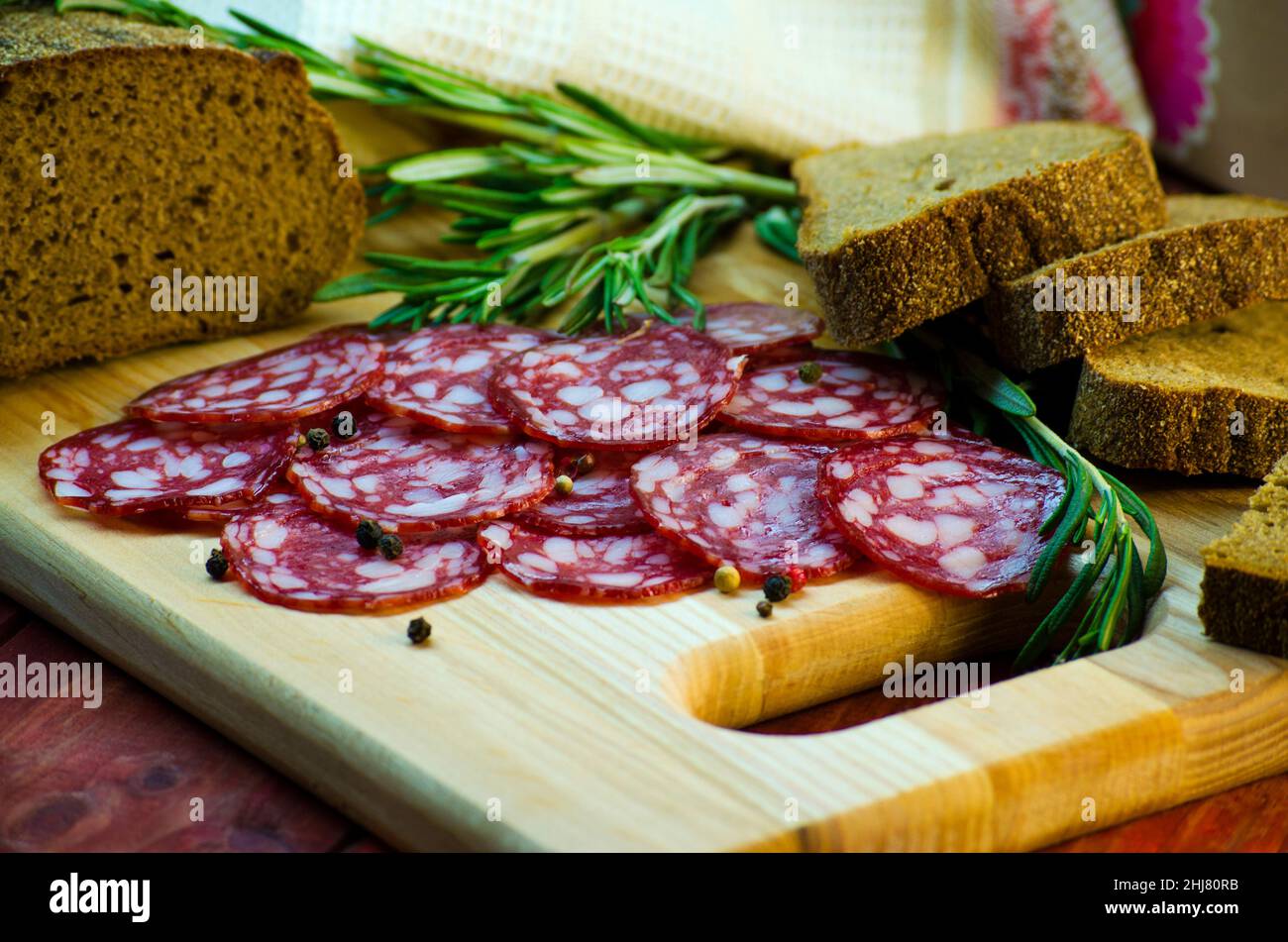smoked sausage salami with lard and bread closeup Stock Photo Alamy