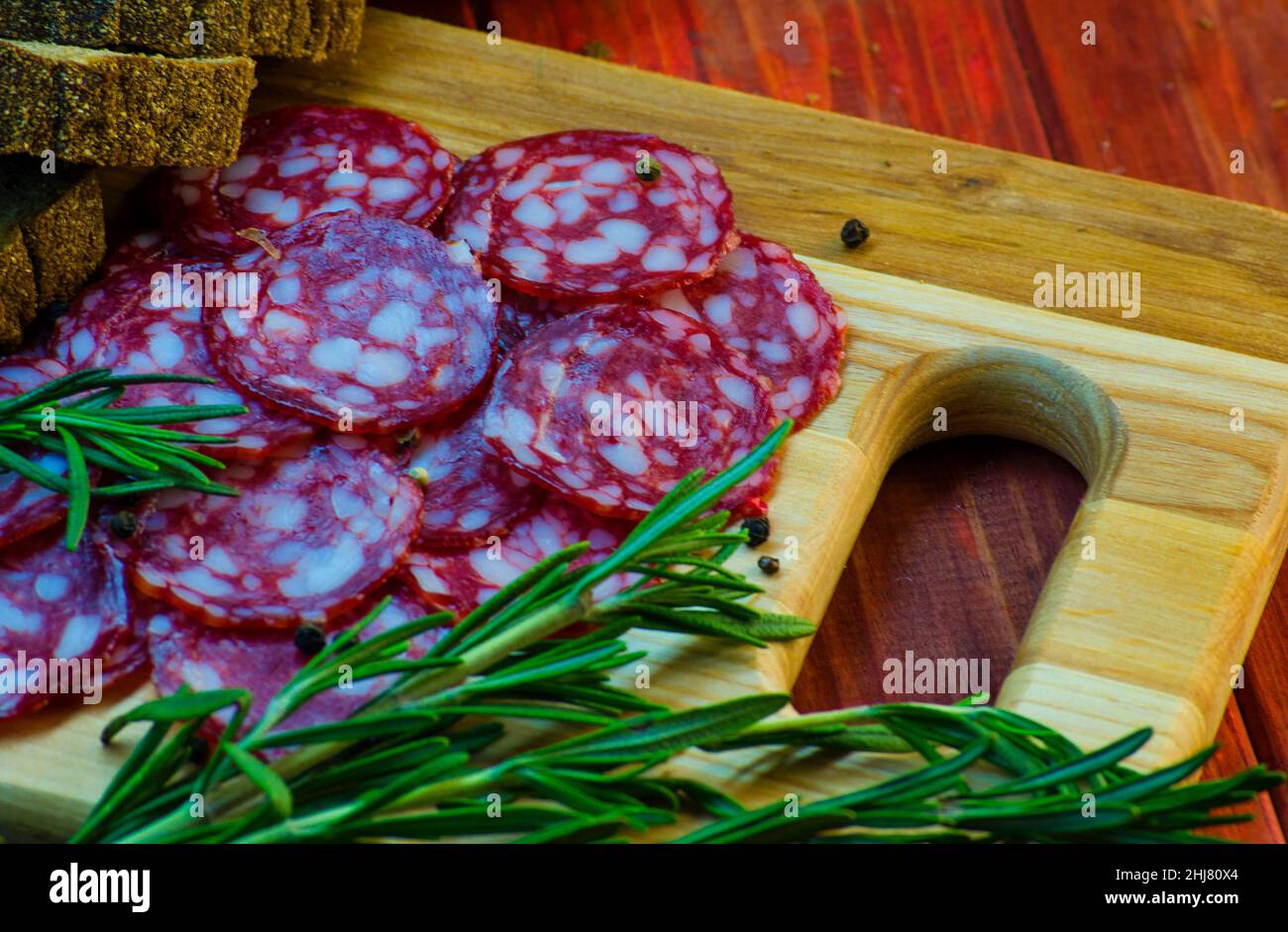 smoked sausage salami with lard and bread closeup Stock Photo Alamy
