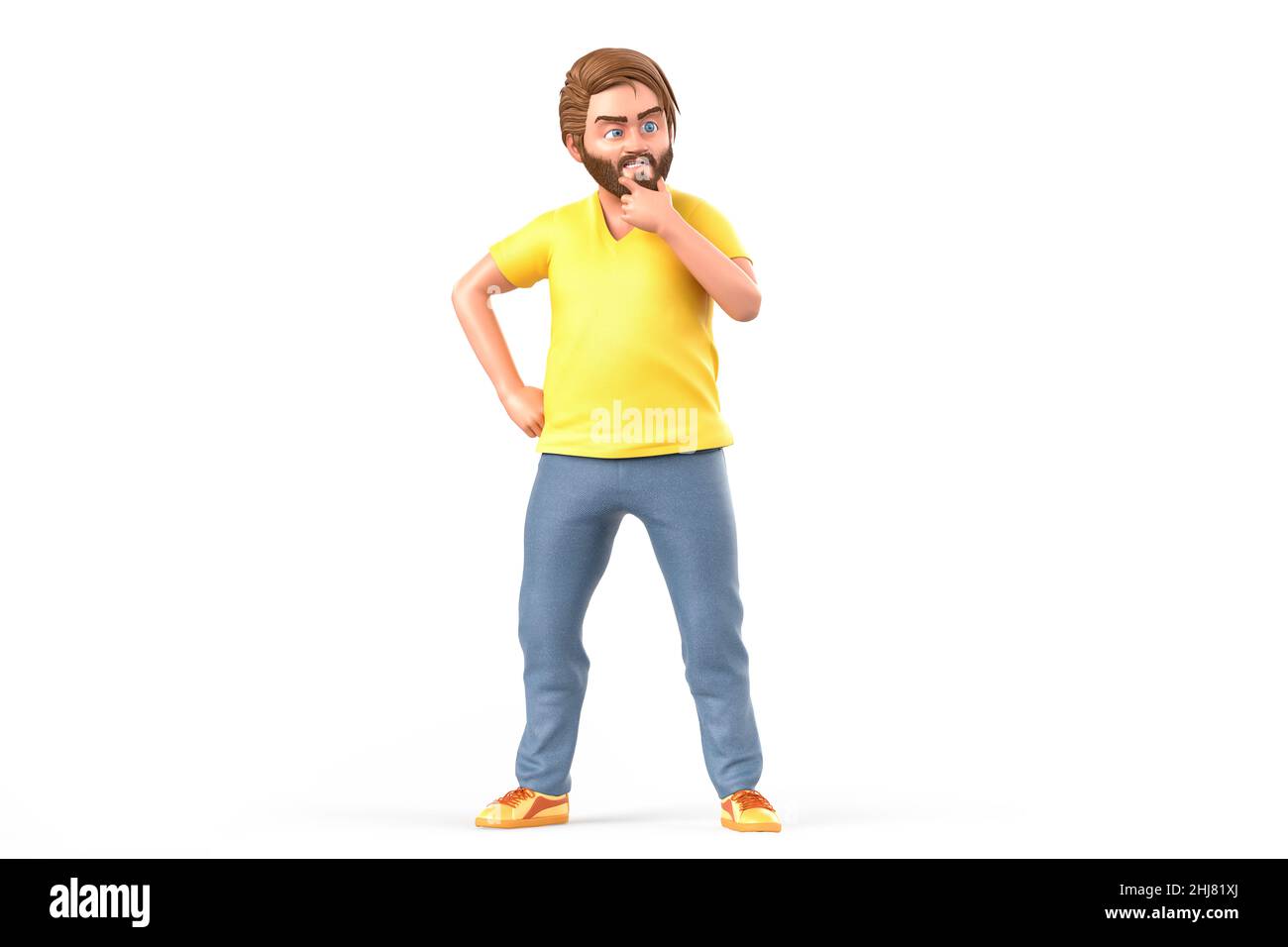 Skeptical guy in casual clothing. Isolated. 3D Rendering Stock Photo
