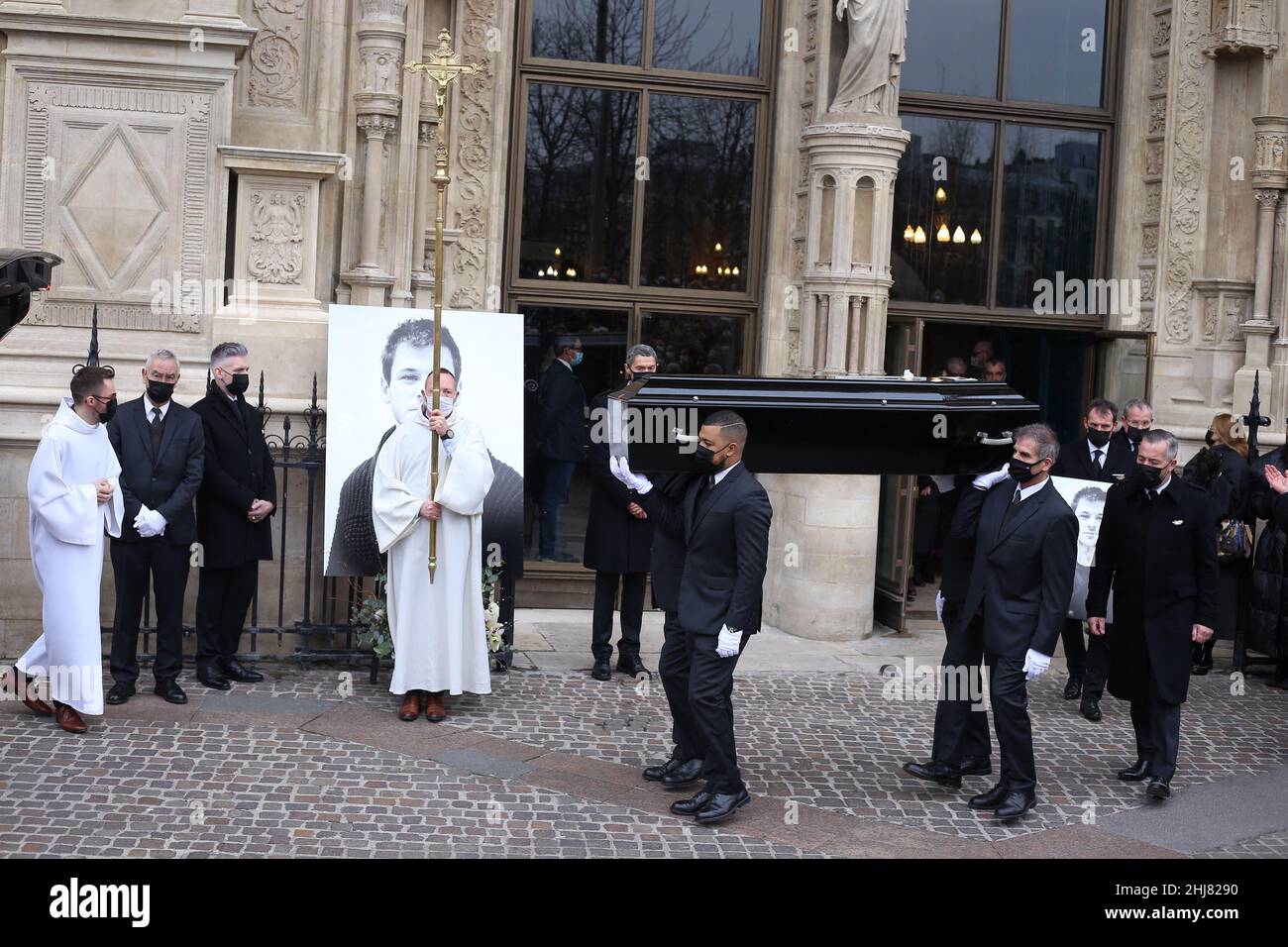 The coffin during the funeral service for French actor Gaspard Ulliel