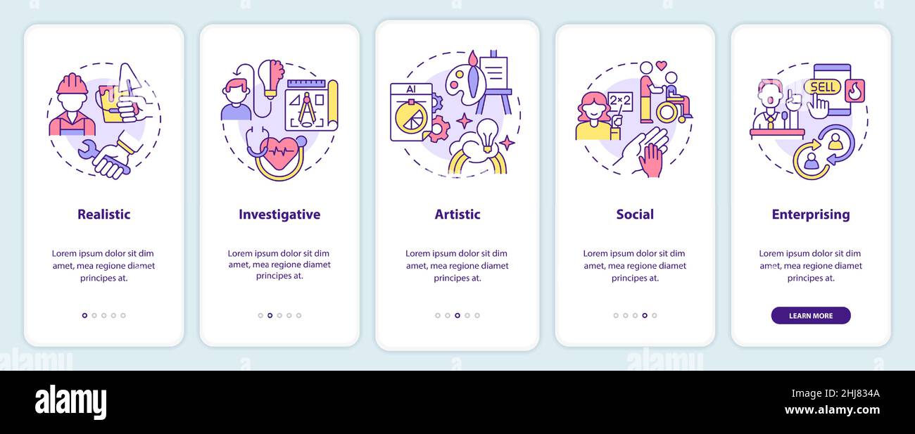 Work environments types onboarding mobile app screen Stock Vector