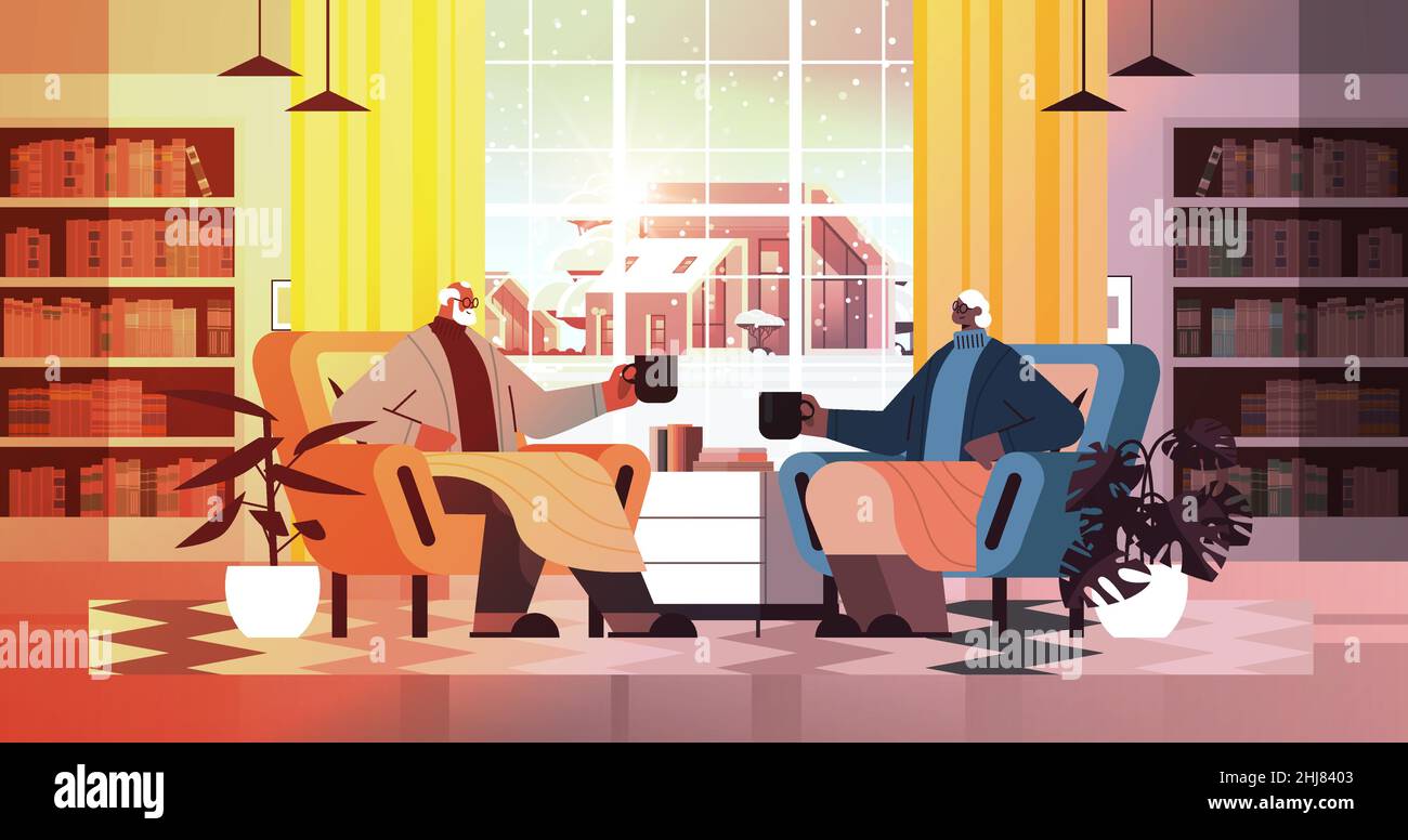 senior african american couple drinking coffee and talking together at ...