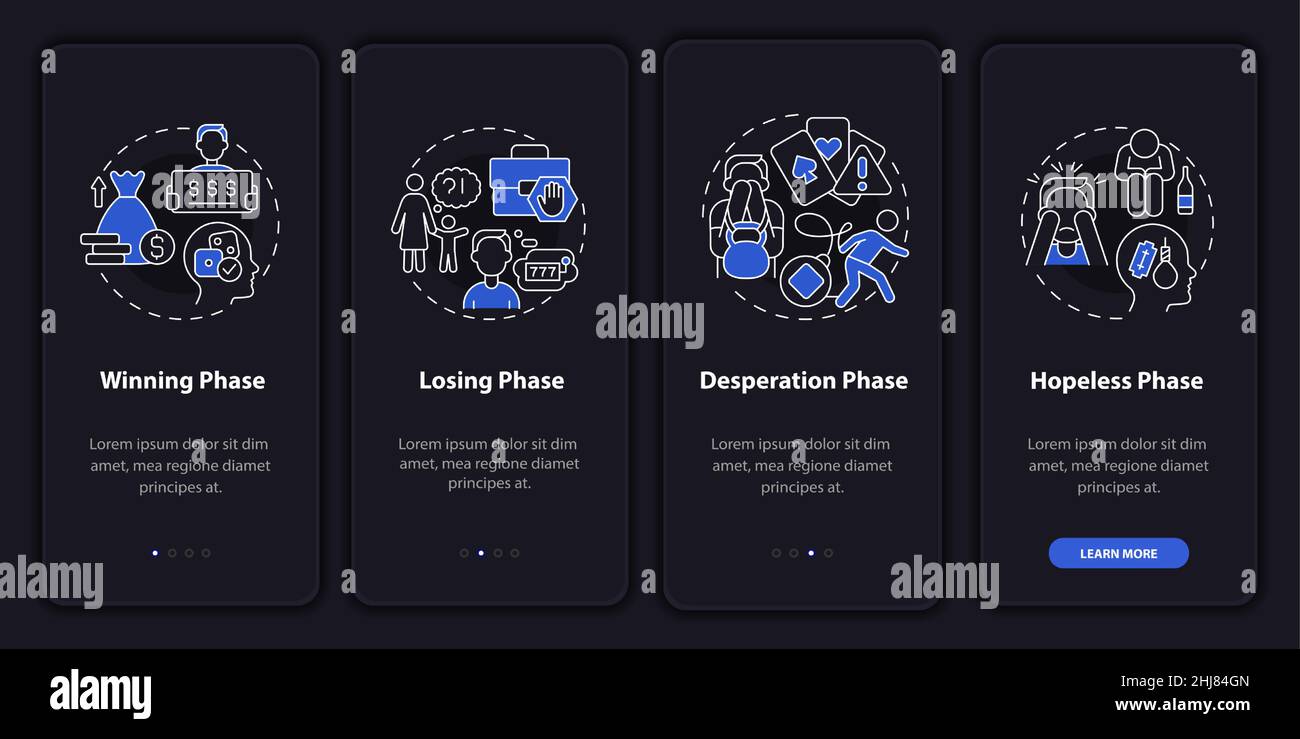 Gambling addiction steps night mode onboarding mobile app screen Stock ...