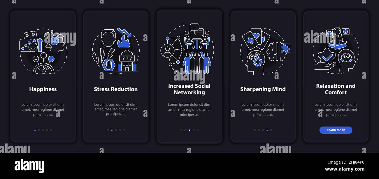Gambling positive traits night mode onboarding mobile app screen Stock Vector