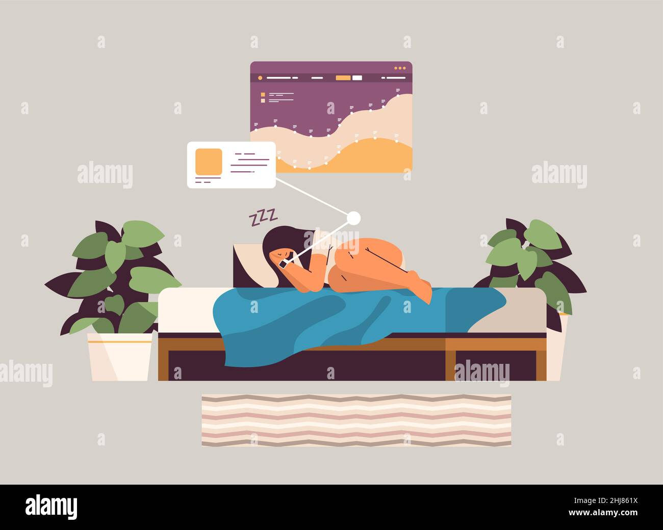 woman sleeping in bed with electronic smart watch app tracker on hand ...
