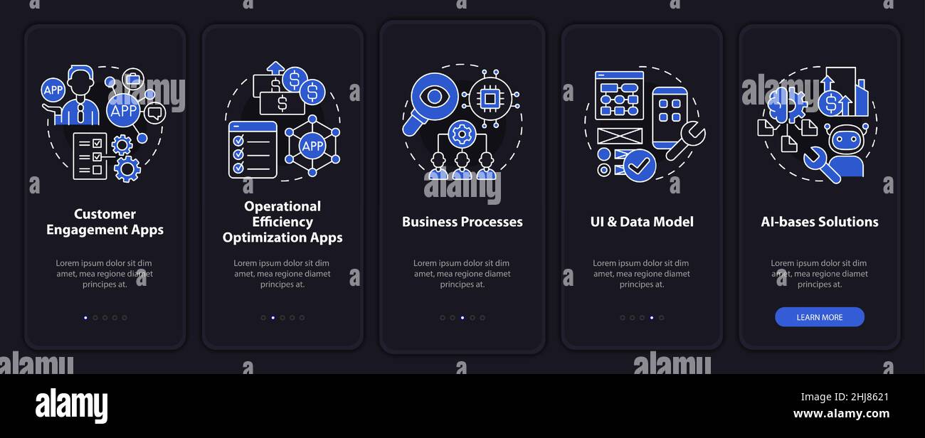 Apps created with low code night mode onboarding mobile app screen