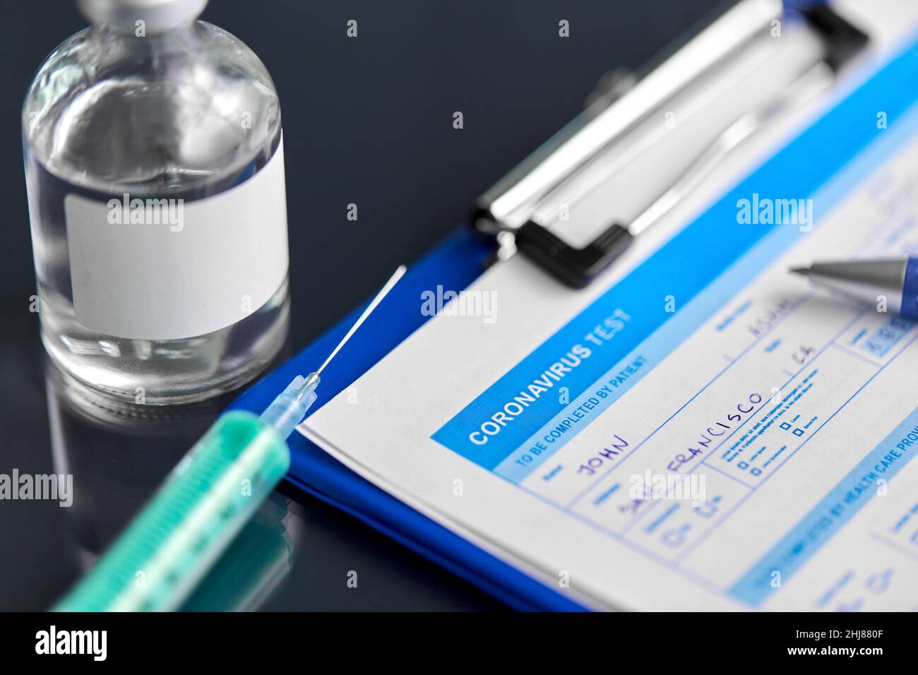 medical report, pen, syringe and medicine Stock Photo Alamy