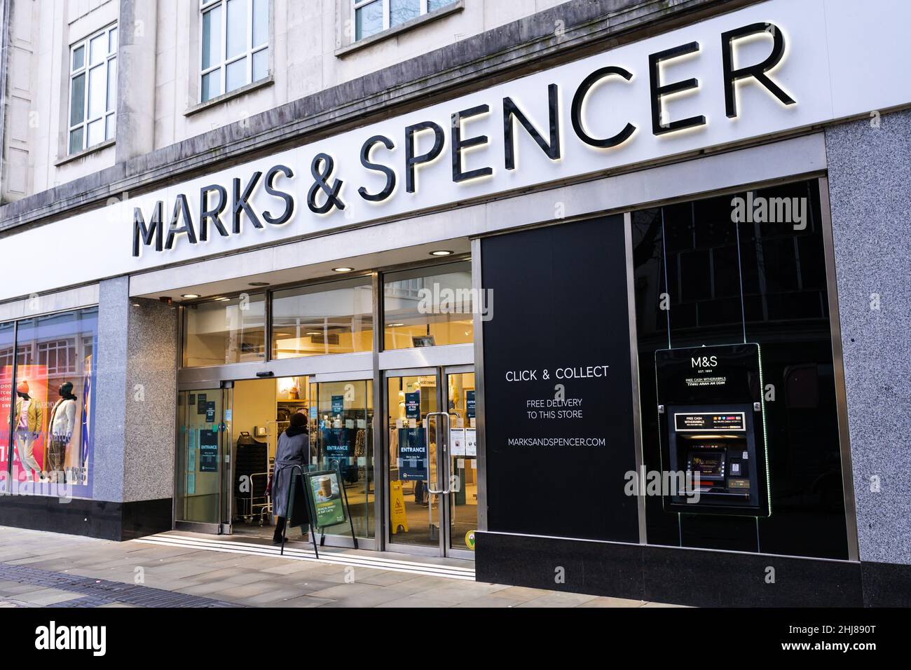 Marks and Spencer shop front with brand logo. Swansea, Wales, UK - January 16, 2022 Stock Photo