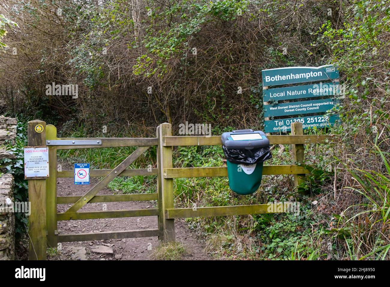 Bothenhampton, Bridport, Dorset, UK.  27th January 2022.  General view of entrance to the Bothenhampton Nature Reserve near Bridport in Dorset where the bodies of two teenager were found dead on the morning of Tuesday 25th January.  Picture Credit: Graham Hunt/Alamy Live News Stock Photo