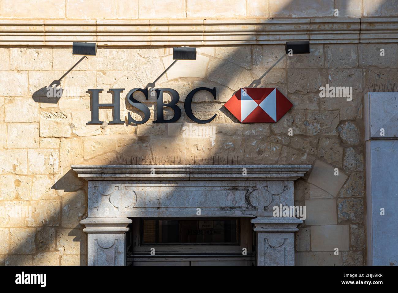 Valletta, Malta - 01 07 2022: Sign and entrance of the HSBC international bank Stock Photo