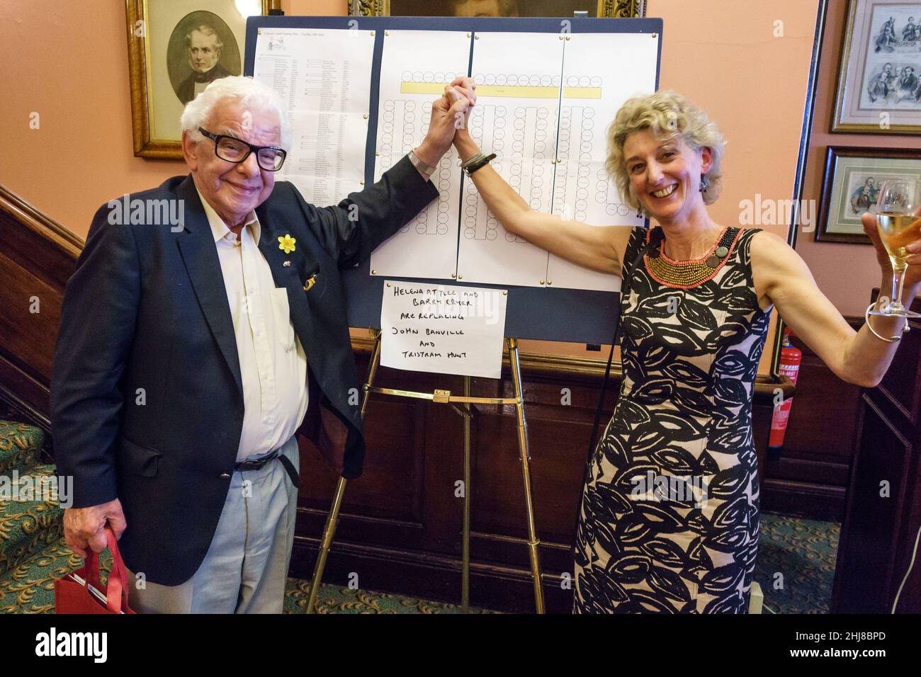 Comedian Barry Cryer and author Helena Attlee, joint speakers at a lunch given by The Oldie magazine, London, UK Stock Photo