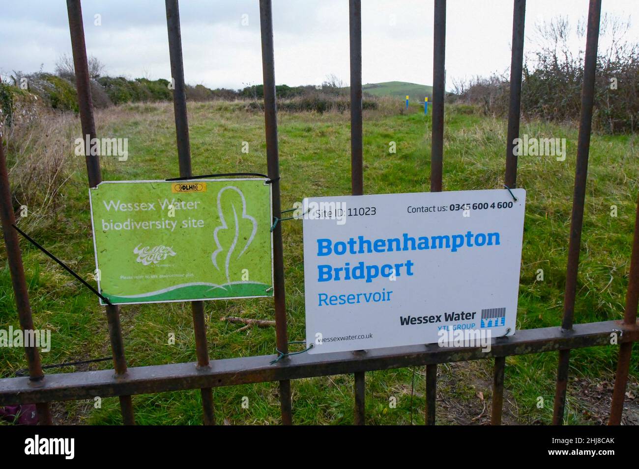 Bothenhampton, Bridport, Dorset, UK.  27th January 2022.  General view of the Wessex Water reservoir at Bothenhampton Nature Reserve near Bridport in Dorset where the bodies of two teenager were found dead on the morning of Tuesday 25th January.  Picture Credit: Graham Hunt/Alamy Live News Stock Photo