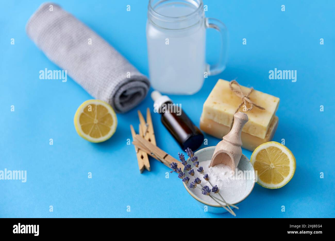 washing soda, soap, towel, dropper and clothespins Stock Photo Alamy