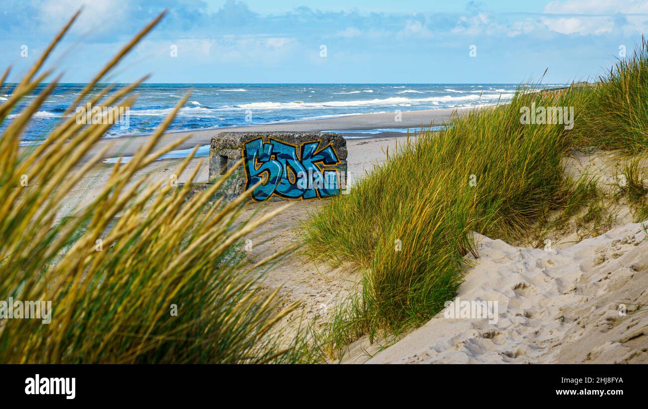 Blick durch Strandhafer auf einen alten Bunker aus dem 2. Weltkrieg, der mit in blau gehaltenem Graffiti bemalt worden ist; im Hintergrund die Nordsee Stock Photo