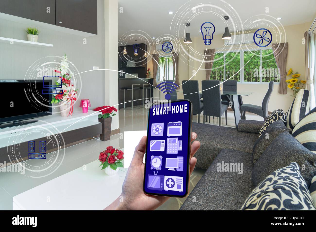 Smart Home and augmented reality Technology concept, Hand holding smart ...