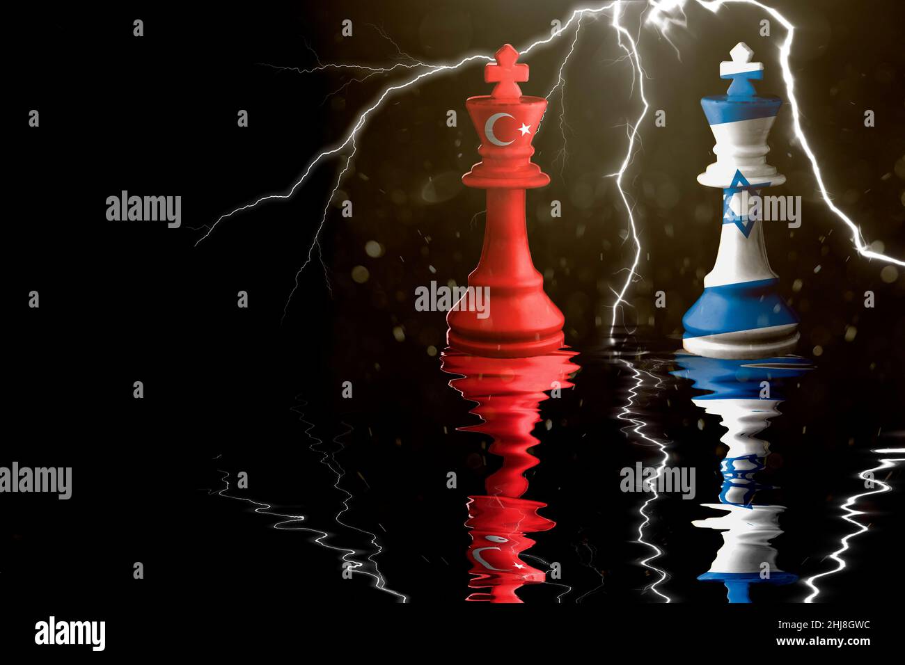 israel and turkey flags paint over on chess king. 3D illustration and israel vs turkey crisis. Stock Photo