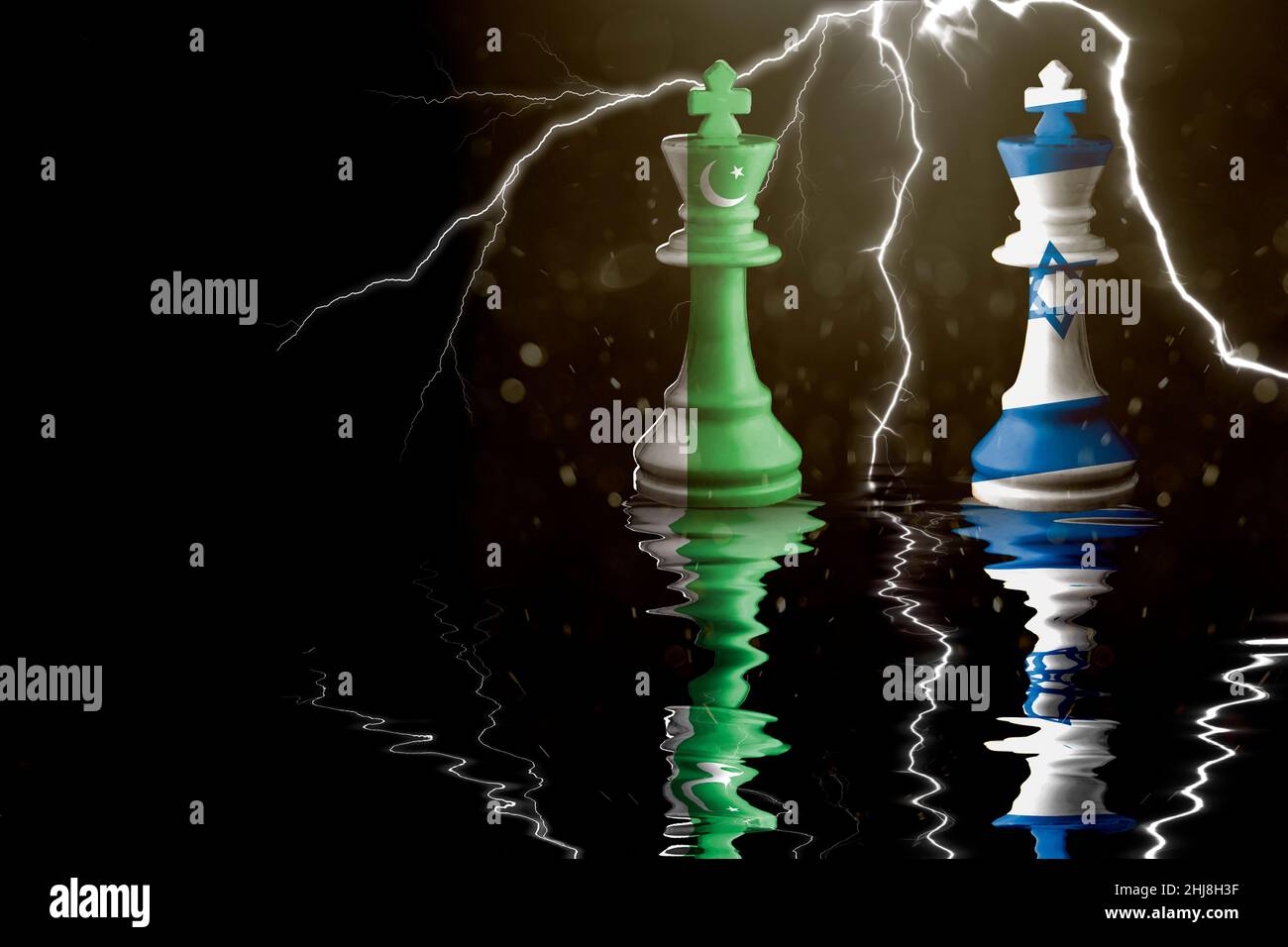 pakistan and israel flags paint over on chess king. 3D illustration pakistan vs israel crisis. Stock Photo