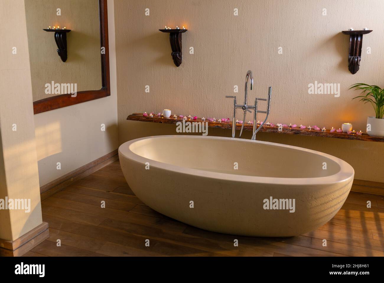Interior of spa bathroom with bathtub and decor, copy space. spa, body ...