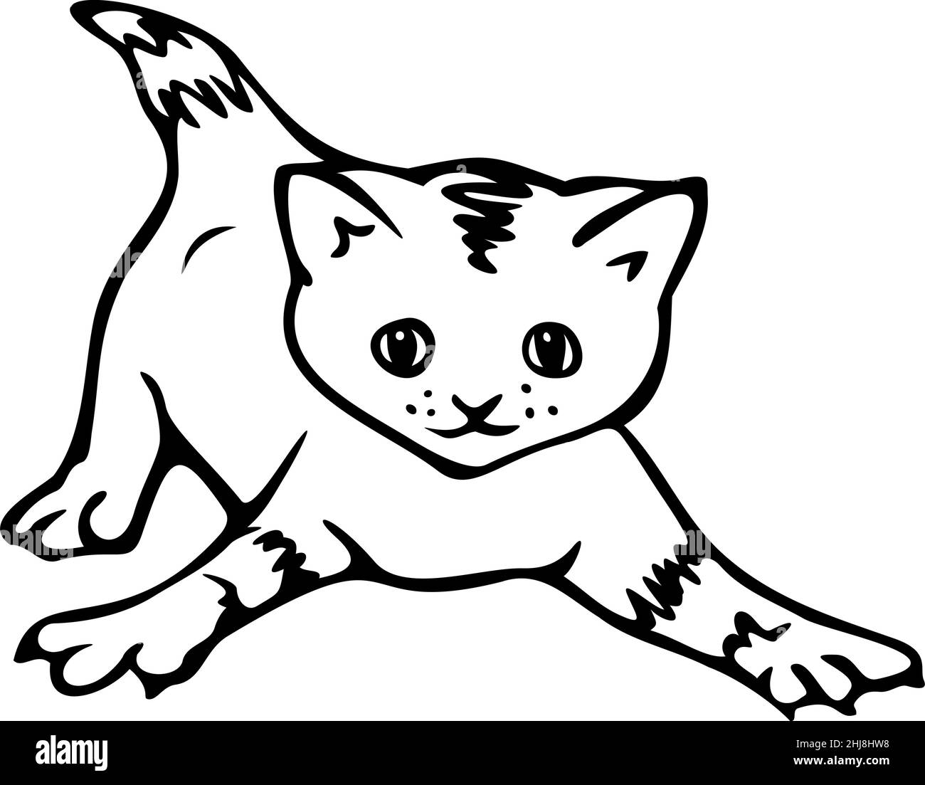 Vector illustration of playful kitten. Black and white isolated kitten ...