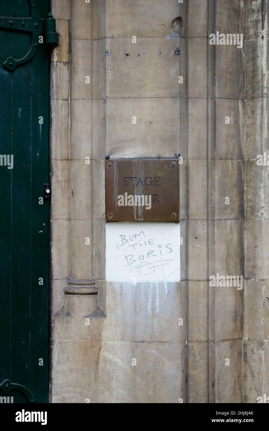 London, UK. 27 January 2022. Anti Boris message on old Stage Door in the Charing Cross Road Stock Photo