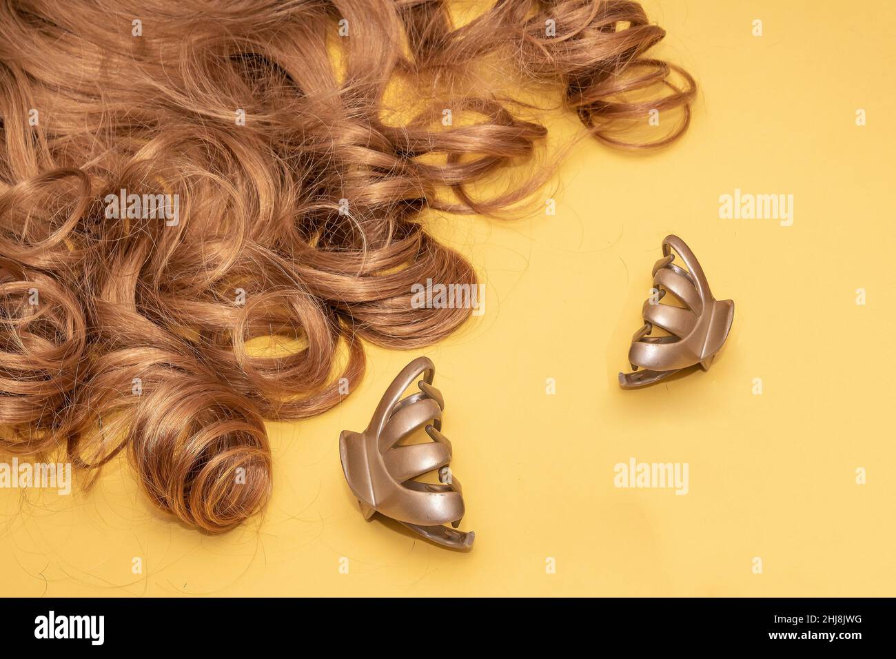 Dark blonde curly hair with plastic hair clips ready for styling Stock Photo