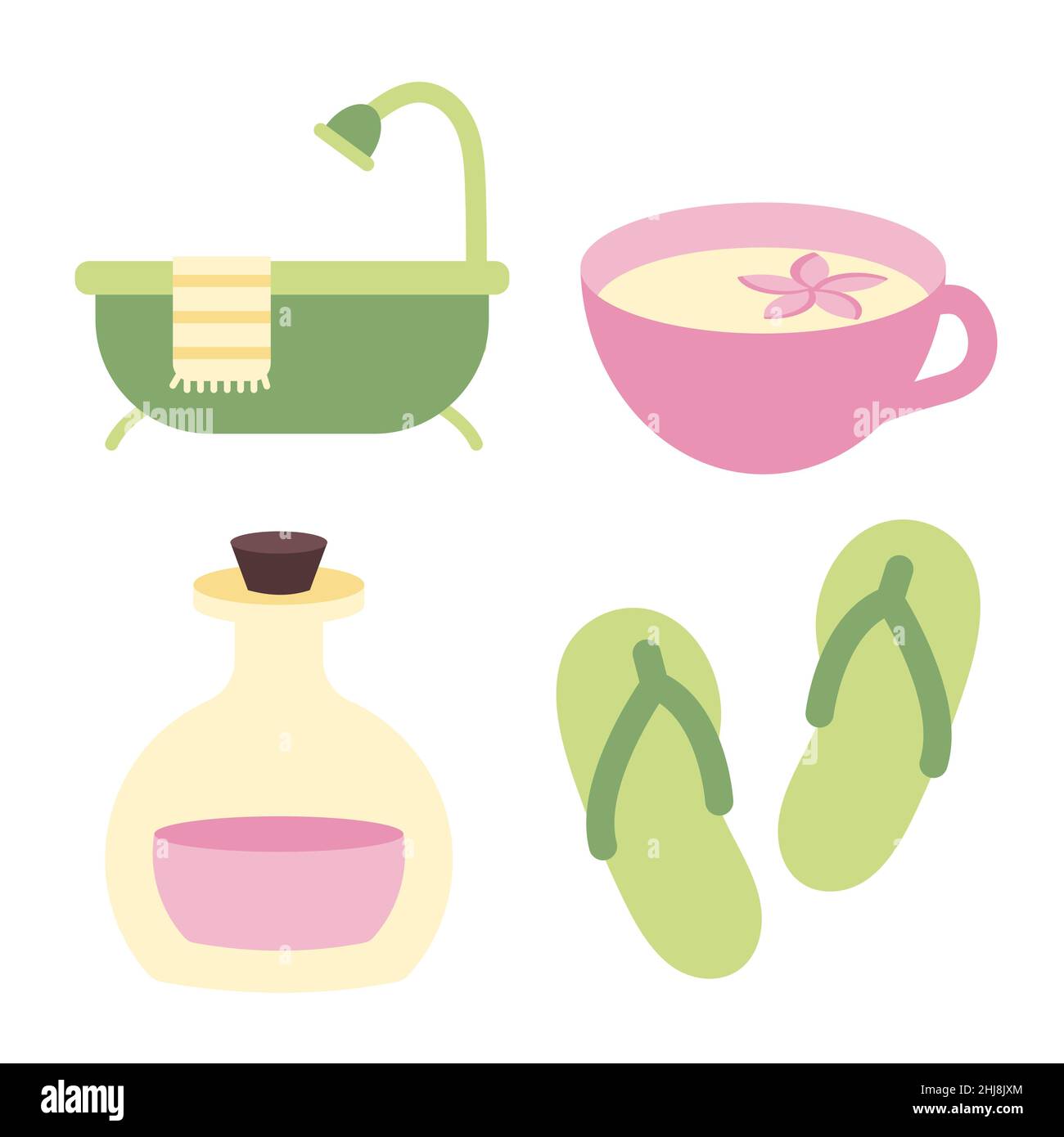 Set of elements for spa and relaxation. Herbal tea, flip flops, bottle with essential oil and bath hub. Accessories for relax, meditation and personal Stock Vector