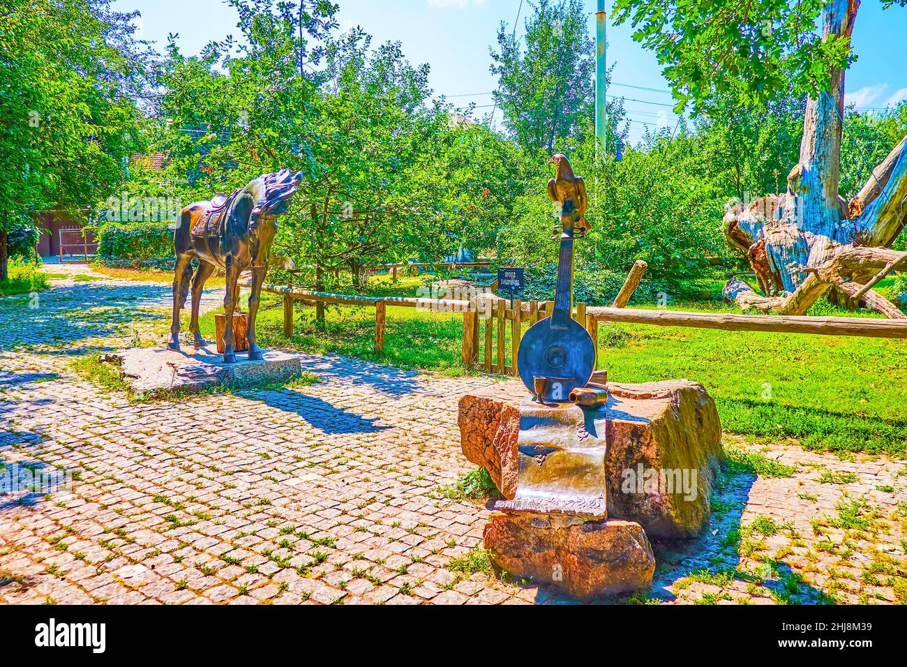 The bronze sculptures of main cossack attributes, the horse and kobza, the traditional musical instrument, Zaporizhzhia, Ukraine Stock Photo