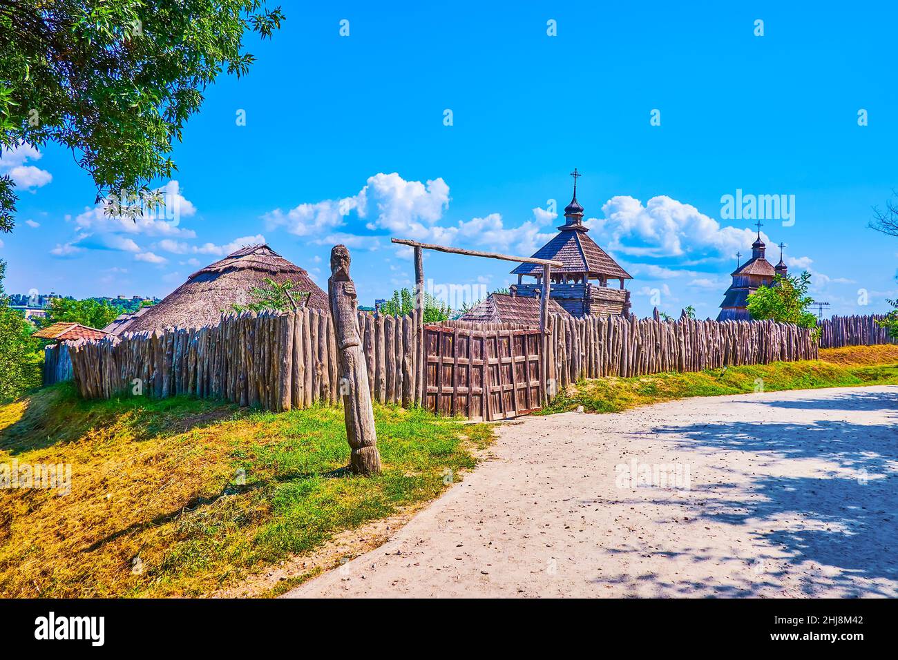 The historical Zaporizhian Sich Fort with its wooden stockade and gates, Zaporizhzhia, Ukraine Stock Photo