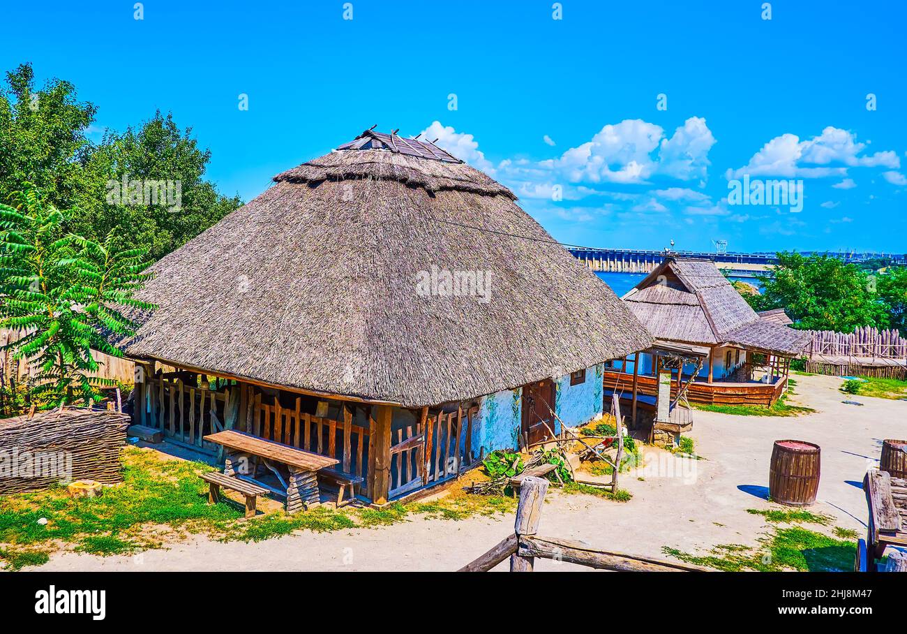 The houses of Zaporizhian Sich scansen, Khortytsia Island in Zaporizhzhia, Ukraine Stock Photo