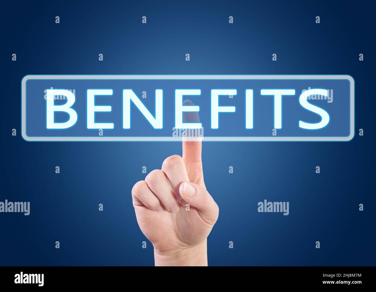 Benefits - Hand button on interface with blue background Stock Photo ...
