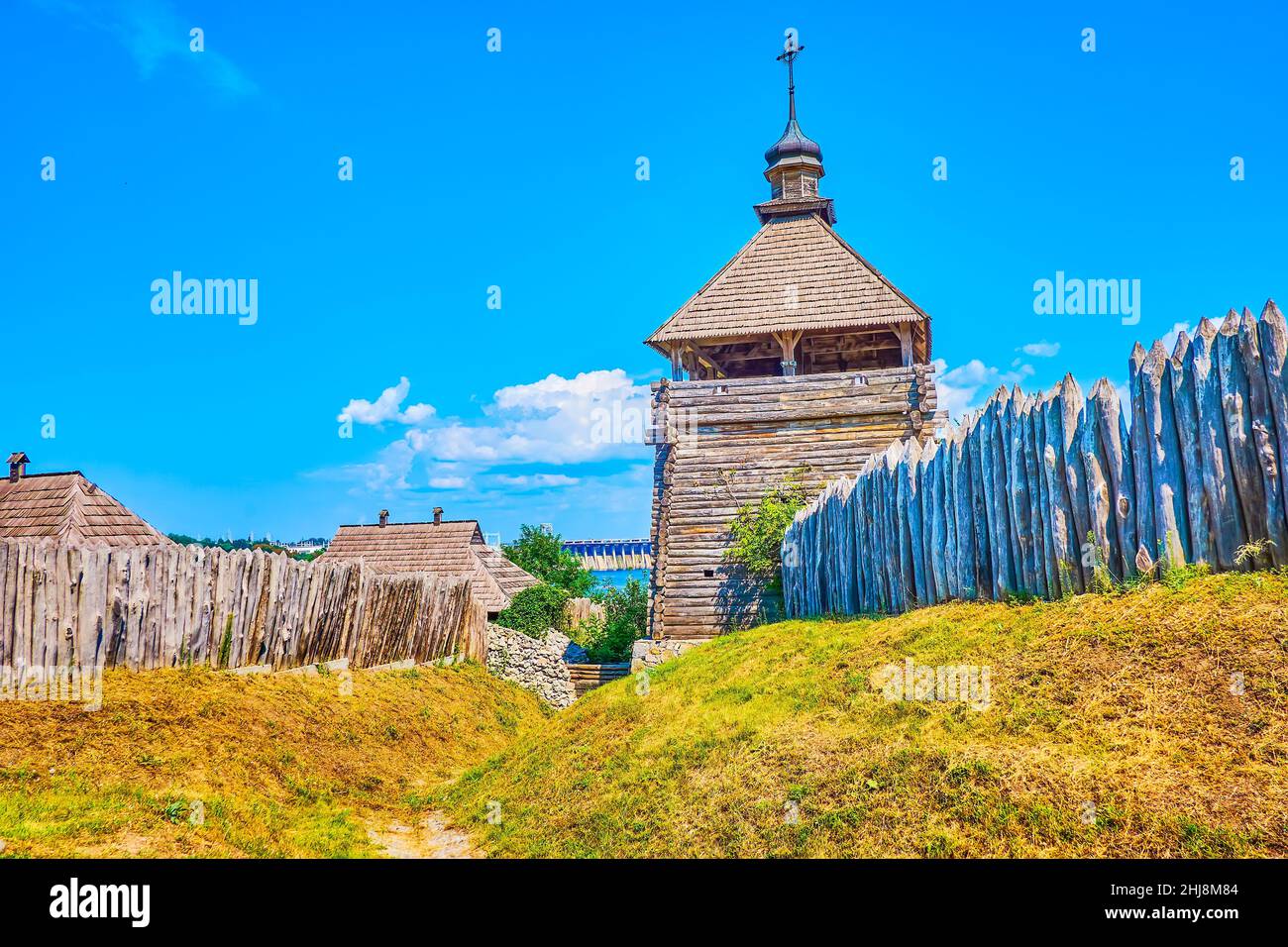 Zaporizhian Sich Fort on Khortytsia Island with its surrounding stockade and high defensive wooden tower, Zaporizhzhia, Ukraine Stock Photo