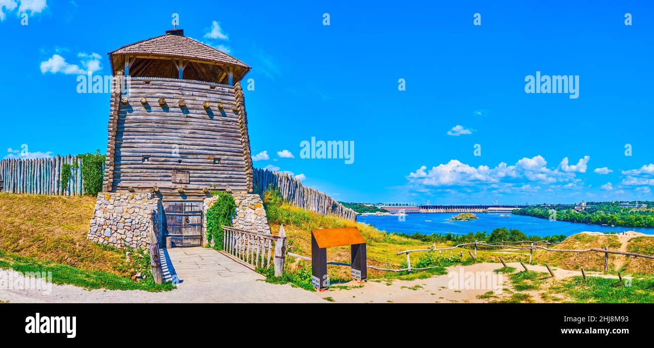 The main entrance wooden tower of Zaporizhian Sich scansen on Khortytsia Island in Zaporizhzhia, Ukraine Stock Photo