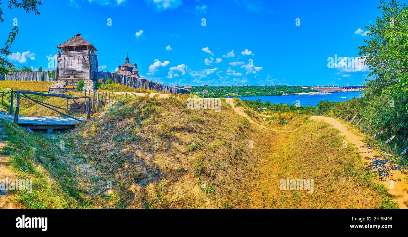 The historical Zaporizhian Sich Fort scansen nowadays is a popular tourist attraction of Zaporizhzhia city, Ukraine Stock Photo
