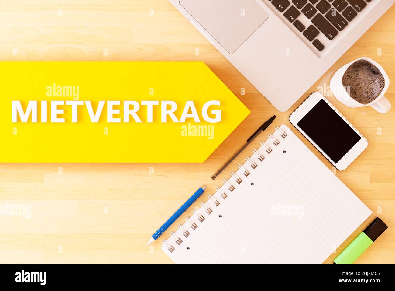 Mietvertrag - german word for rent contract or lease agreement - linear text arrow concept with notebook, smartphone, pens and coffee mug on desktop - Stock Photo