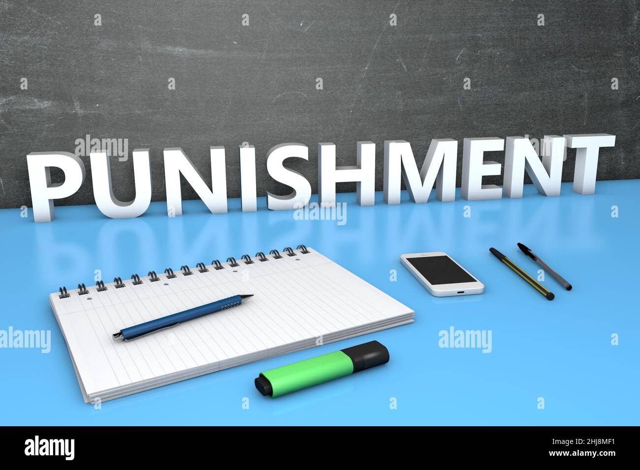 Punishment - text concept with chalkboard, notebook, pens and mobile ...