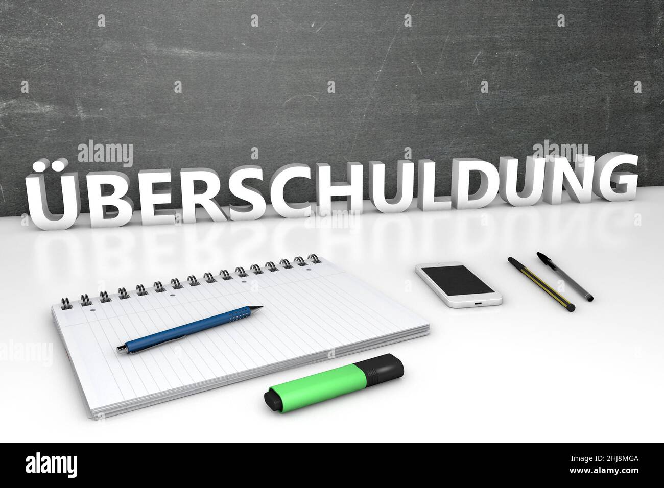 Ueberschuldung - german word for over indebtedness  - text concept with chalkboard, notebook, pens and mobile phone. 3D render illustration. Stock Photo