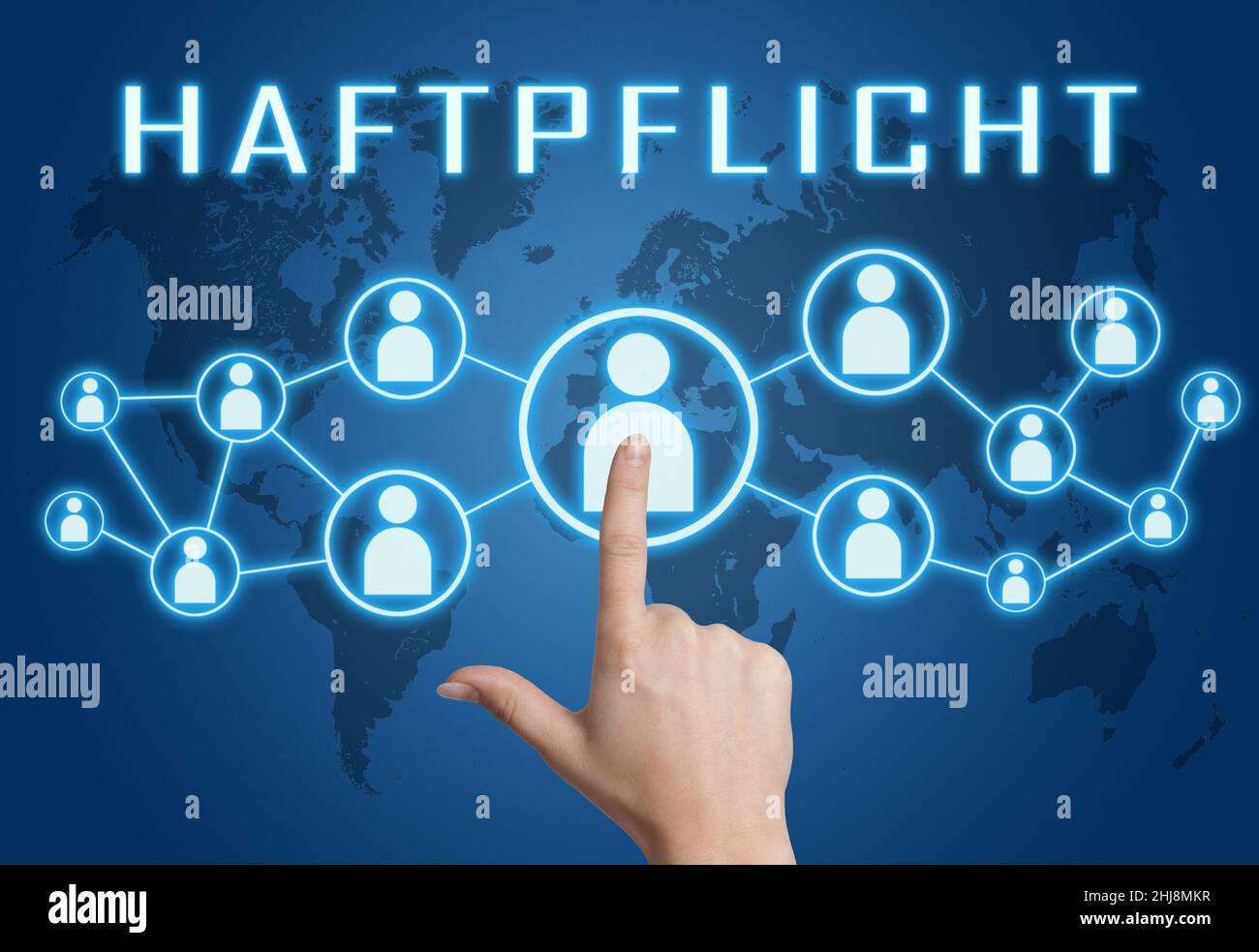 Haftpflicht - german word for civil liability - text concept with hand pressing social icons on blue world map background. Stock Photo