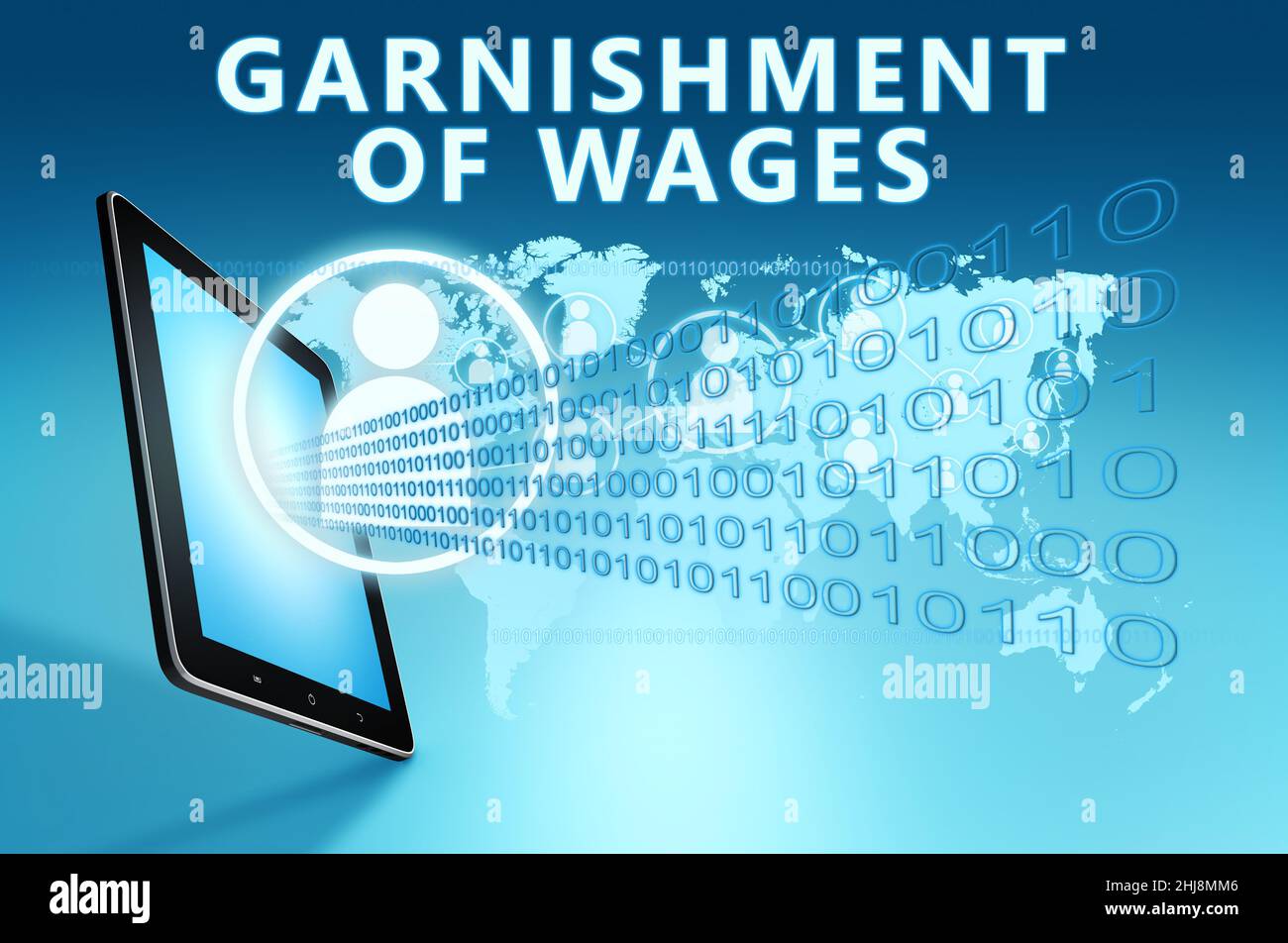 Garnishment of Wages text concept with tablet computer on blue wolrd