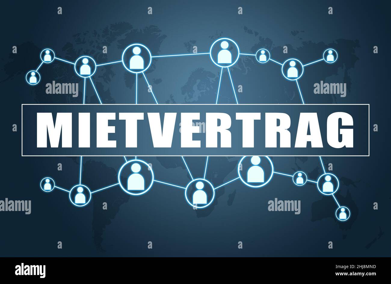 Mietvertrag - german word for rent contract or lease agreement - text concept on blue background with world map and social icons. Stock Photo