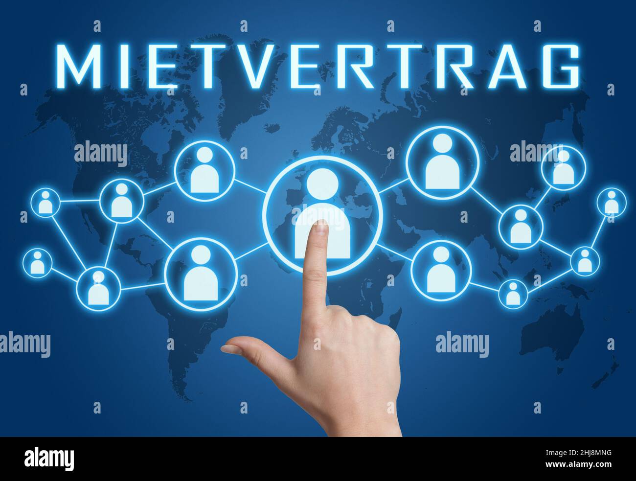 Mietvertrag - german word for rent contract or lease agreement - text concept with hand pressing social icons on blue world map background. Stock Photo