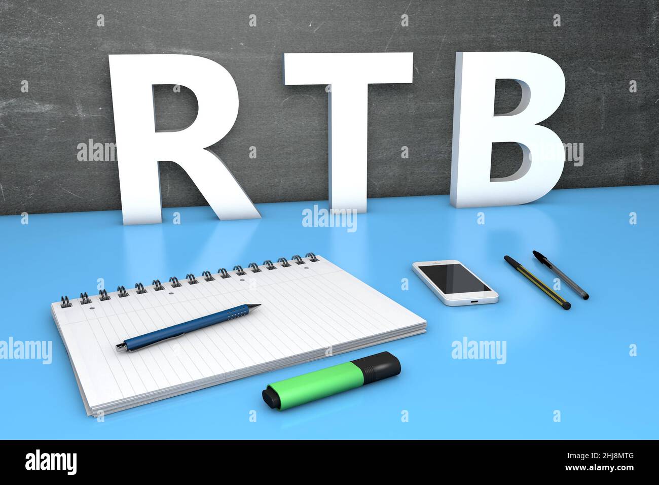 RTB - Real Time Bidding - text concept with chalkboard, notebook, pens and mobile phone. 3D render illustration. Stock Photo